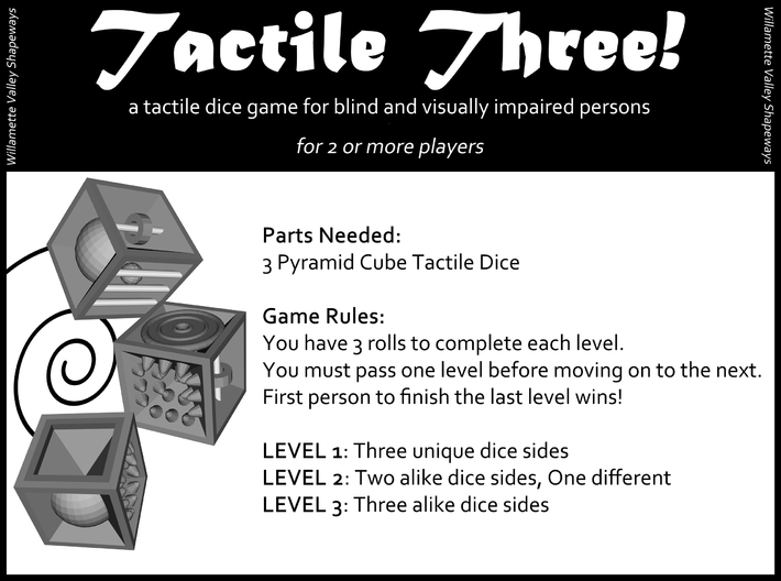 Pyramid Cube Tactile Dice 3d printed Tactile Three Dice Game for blind and visually impaired persons