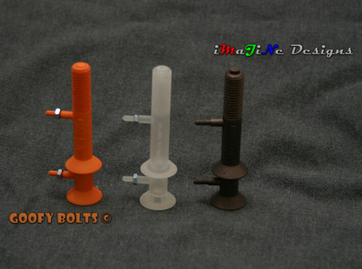 Goofy Bolt-01-Jan-2016 Cutaway 3d printed Prototypes shown with Hole Plugs inserted.  Due to the 3D printing process, the Matte Bronze Steel requires post processing by the customer to allow Hole Plug to fit flush with bolt end.