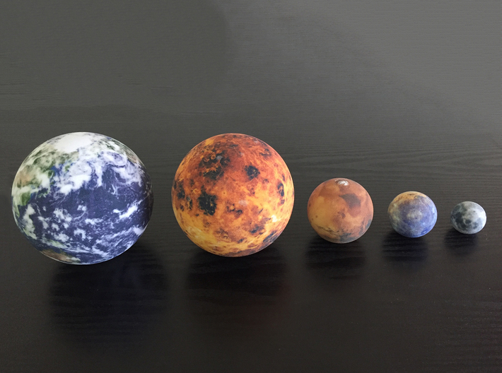 Mercury, Venus, Earth, Moon &amp; Mars to scale 3d printed