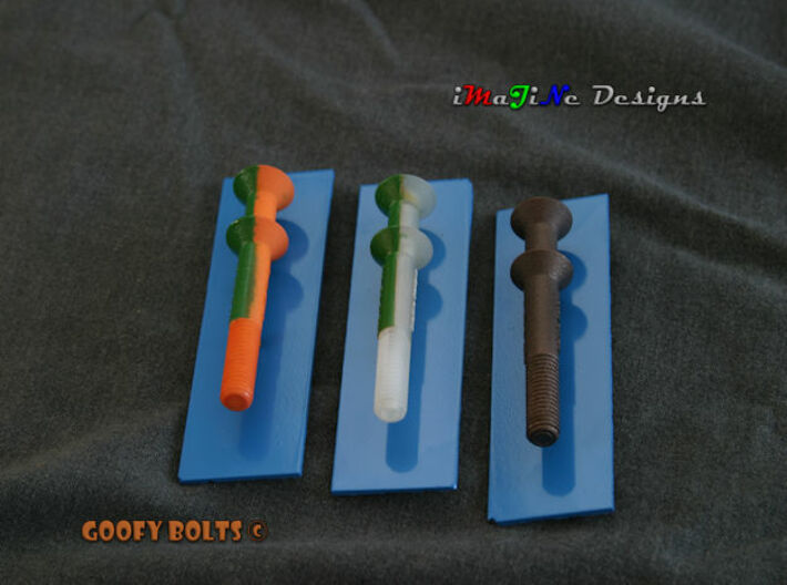 Goofy Bolt-01-Jan-2016 Cutaway 3d printed Prototypes mounted to 2mm [0.078"] thick blue painted Plexiglas.  Plastic prototypes have been painted green on one 

side.