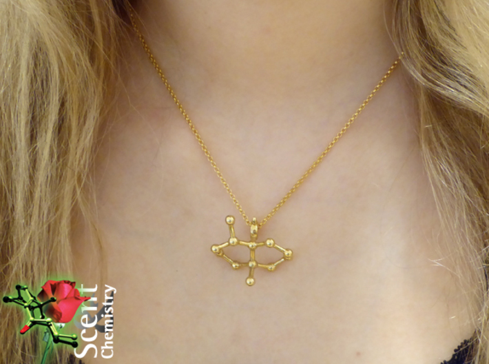 Geosmin 3d printed Geosmin pendant in polished brass worn on an 18k gold-plated Thomas Sabo KE1219-413-12-L42v necklace.