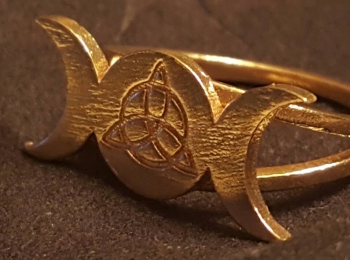 Triple Moon Ring (customize) 3d printed Triple Moon ring with triquetra, in raw bronze. Customer photo. 