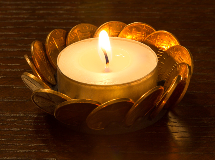 Penny Tea-Light Holder 3d printed Black Strong &amp; Flexible - assembled and with a candle.