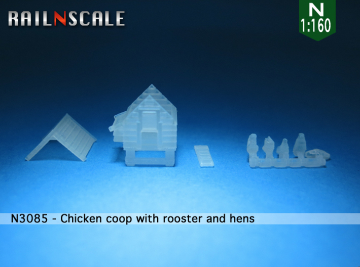 Chicken coop with rooster and hens (N 1:160) 3d printed 