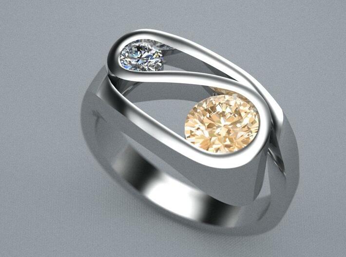 Ultra modern curve ring 3d printed Shown here in white gold with a 1ct congac diamond and .023ct white diamond