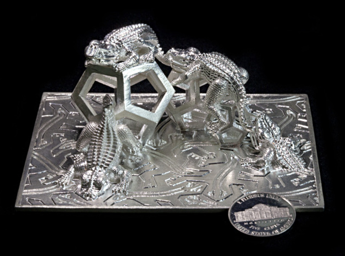 Reptiles &amp; Dodecahedra mini sculpture Fine Art. 3d printed Photo with coin for scale.