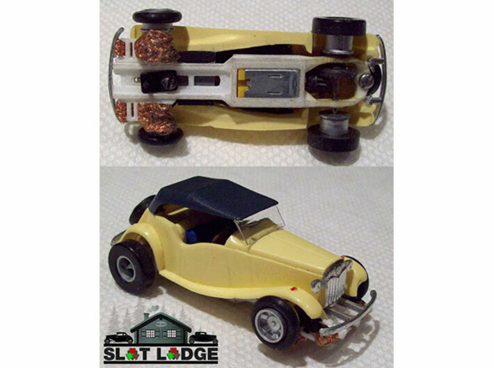 Original SL1 - Narrow: HO Slot Car Chassis 3d printed SL1 under an old minny lindy plastic model. As seen on The Slot Lodge 