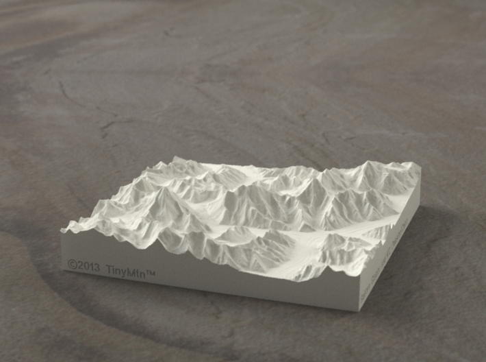 4''/10cm Baltoro Glacier and K2, Sandstone 3d printed Radiance rendering from the West, looking up the Baltoro to Gasherbrum IV