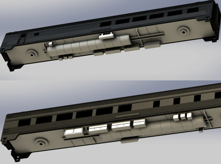 Via Rail Chassis for Dining &amp; Coach Cars 3d printed Chassis Mounted onto Dinning Car