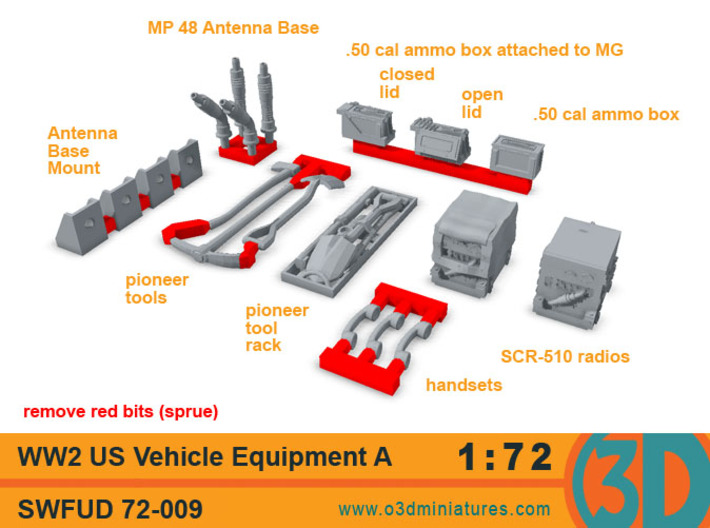 WW2 US Vehicle Equipment A 1/72 scale SWFUD-72-009 3d printed set contents