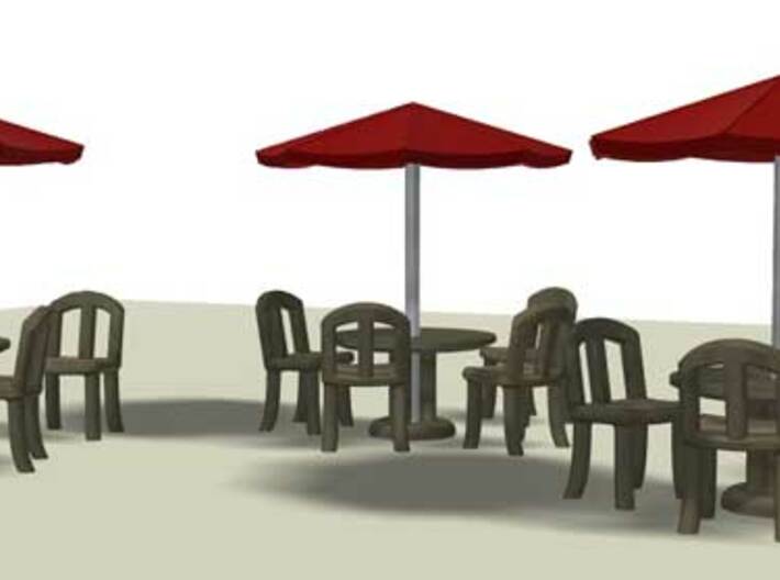 Sidewalk Cafe Set x4, HO Scale (1:87) 3d printed 3D render, multiple sets of tables and chairs for sidewalk cafe.
