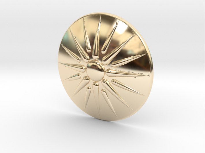 Sun of Vergina Belt Buckle, Simplified Center 3d printed 14k Gold Plated (front)