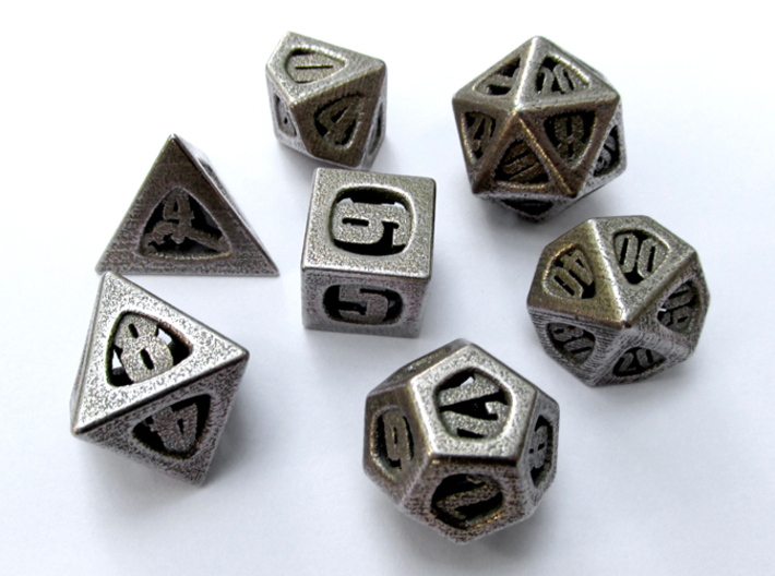 Thoroughly Modern Dice Set with Decader 3d printed In Stainless Steel