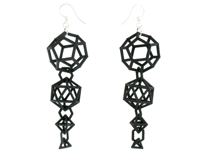 Platonic Progression Earrings - Clean 3d printed Earrings printed in Black Strong and Flexible, with fishhook earwires added