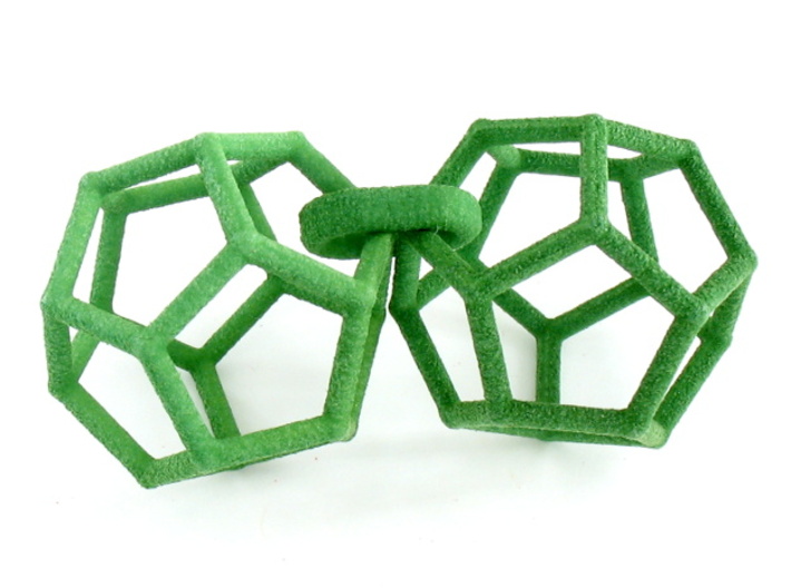 Dodecahedron Earrings, clean style 3d printed Earrings printed in Green Strong and Flexible, shown as printed looped together