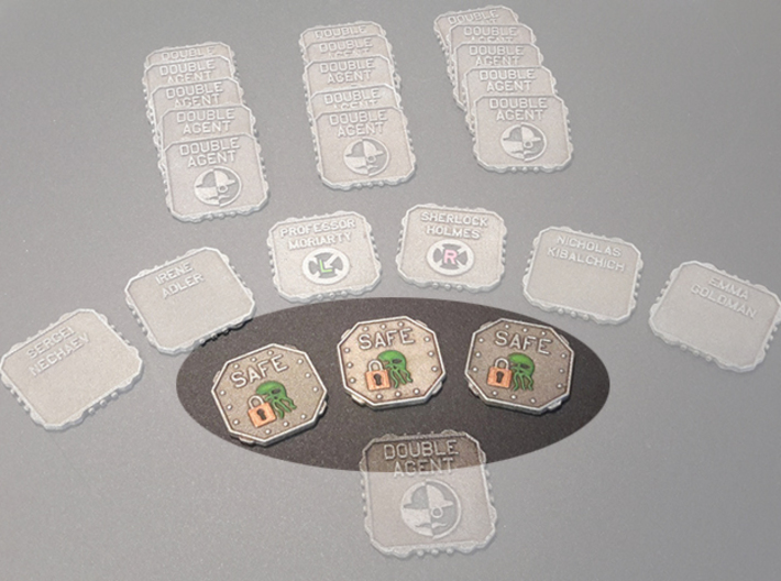 A.S.I.E. Safe tokens (4 pcs) 3d printed Hand-painted white strong flexible polished. Pic courtesy of BGG user bamonson