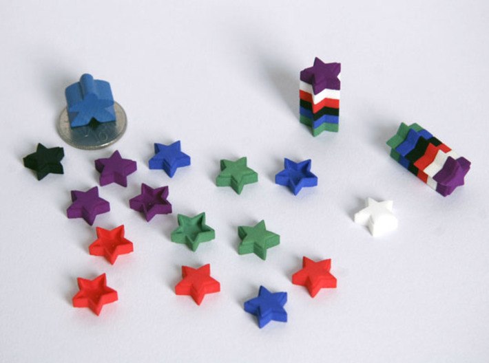 Boardgame counter - Star (x10) 3d printed Selection of counters, with meeple and 10 pence piece for scale.