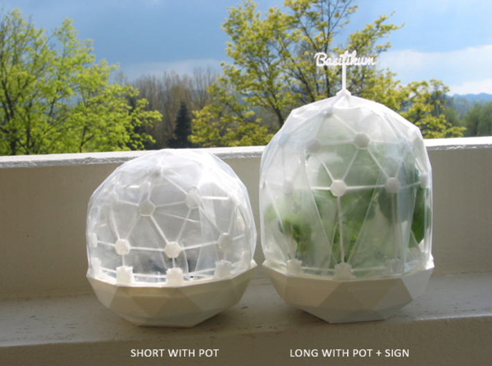 MGD-01, MGD-02, MGD-04: A Set with 26 dome-pieces 3d printed Flexible Mini Greenhouse-Dome with Pot (Sets short and long + sign). Own 3D-prints with PLA.