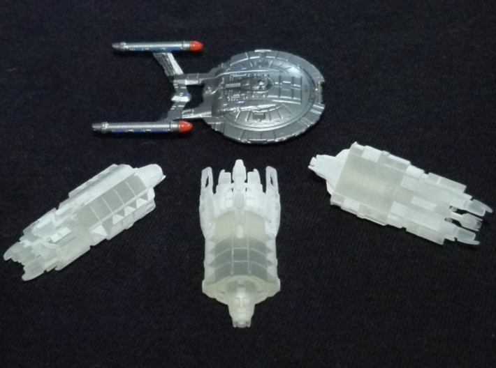 Klingon Transport 1/1400 Attack Wing 3d printed Printed in Smooth Fine Detail Plastic (middle), together with 2x Menos' Ship and Attack Wing NX-01