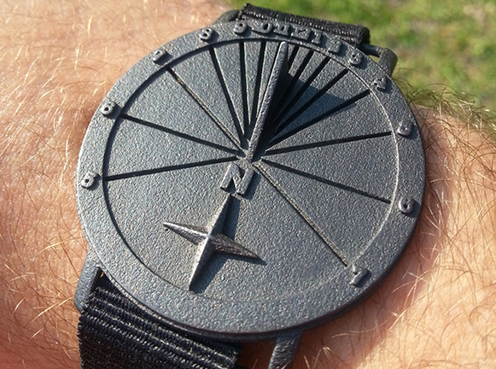 35N Sundial Wristwatch With Compass Rose 3d printed The 27.75N Model Printed In Polished Grey Steel