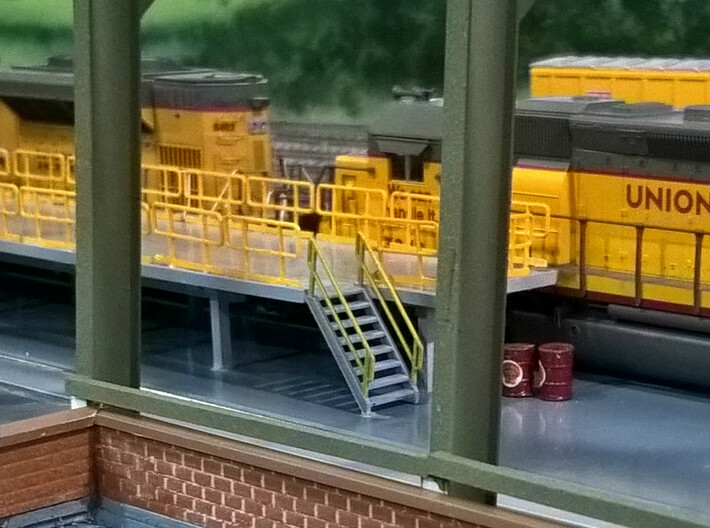 HO 3x Stairs #8 3d printed The #8 stairs and maintenance railings at the Chippewa, Marquette, St. Charles and Pacific RR locomotive facility. Thanks for the picture Greg!!