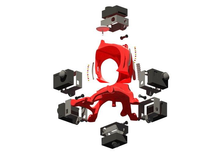 Search & Rescue 360° video harness for DJI Phantom 3d printed Exploded 360° spherical panorama setup