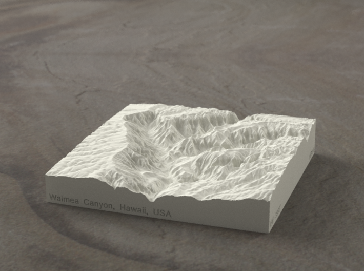 4'' Waimea Canyon, Hawaii, USA, Sandstone 3d printed Radiance rendering of model, viewed from the South