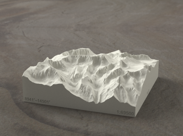 4'' Mt. Whitney, California, USA, Sandstone 3d printed Radiance rendering of model, viewed from the East, looking past Whitney Portal