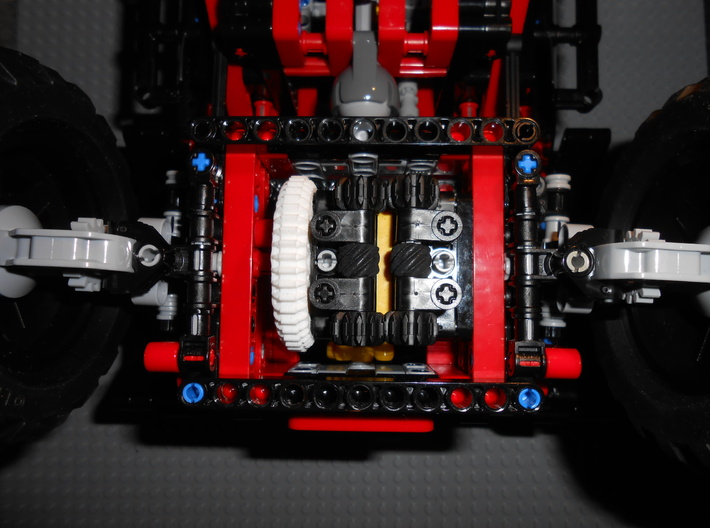 LEGO®-compatible 44-tooth bevel gear w/ pinhole R2 3d printed Torsen differential in vehicle (also featuring helical gears)