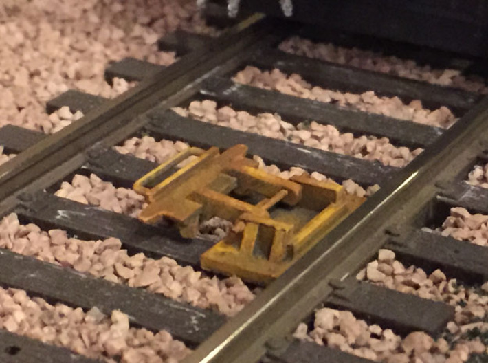 O Scale Derails (Flip-Type, Set of 4) 3d printed Derail installed on the layout; shown in the open position