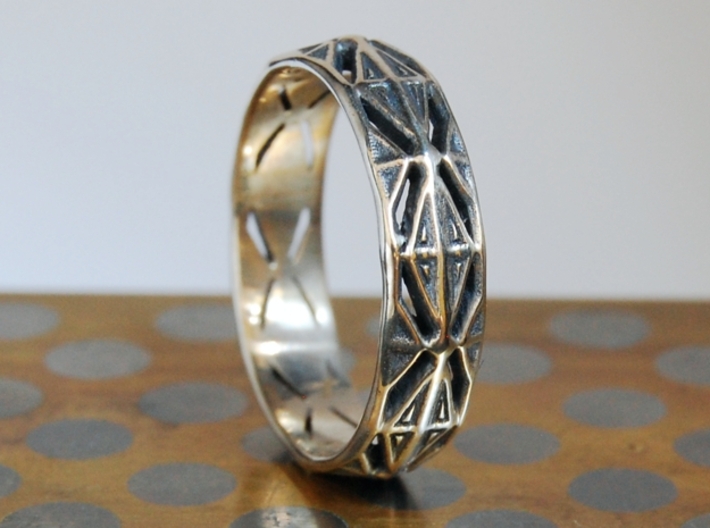 Cut Facets Ring Sz. 5 3d printed polished silver with liver of sulfur patina 