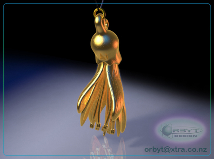 Kowhai Flower pendant ~ 47mm 3d printed Kowhai flower pendant rear view raytraced render simulating polished gold steel material