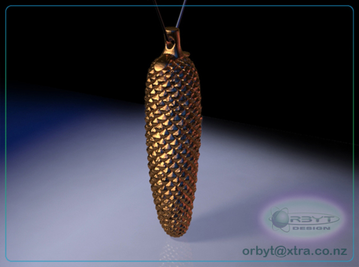 Male Kauri Cone pendant ~ 48mm 3d printed Male Kauri cone pendant side view raytraced render simulating polished bronze material