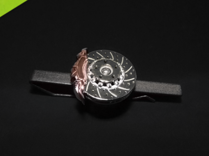 Race Brake tie bar, cufflinks, lapel pin 3d printed multiple materials: rhodium plated disk and rose gold plated caliper