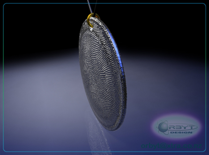 C. Asteromphalus (Ehrenberg) Diatom pendant ~ 39mm 3d printed Asteromphalus Diatom pendant oblique view raytrace render simulating polished silver material