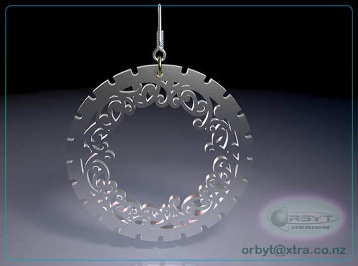 Simple 'Kowhaiwhai' Disc Earring ~ 33mm diameter 3d printed Raytraced render simulating polished silver material