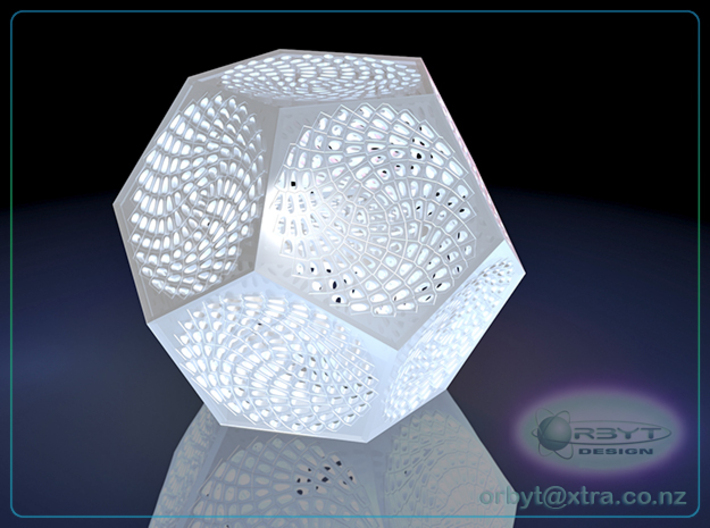 Voronoi Dodecahedron Lampshade ~ 120mm tall 3d printed Raytraced render simulating polished white strong &amp; flexible material