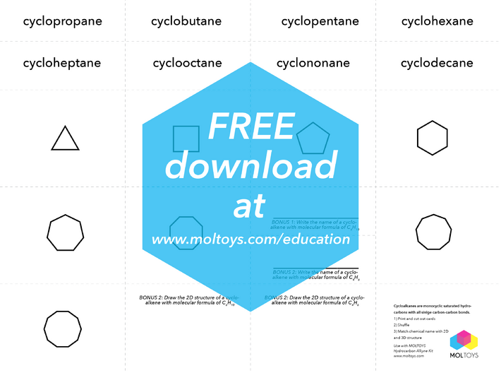 Cycloalkanes - 40 million X 3d printed Free Cycloalkane Flash Cards at www.moltoys.com/education