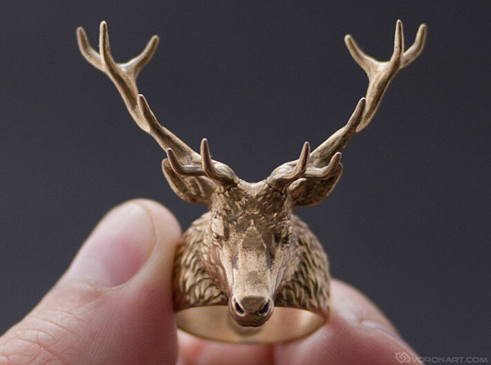 Deer Stag head ring. Hollow. 3d printed 