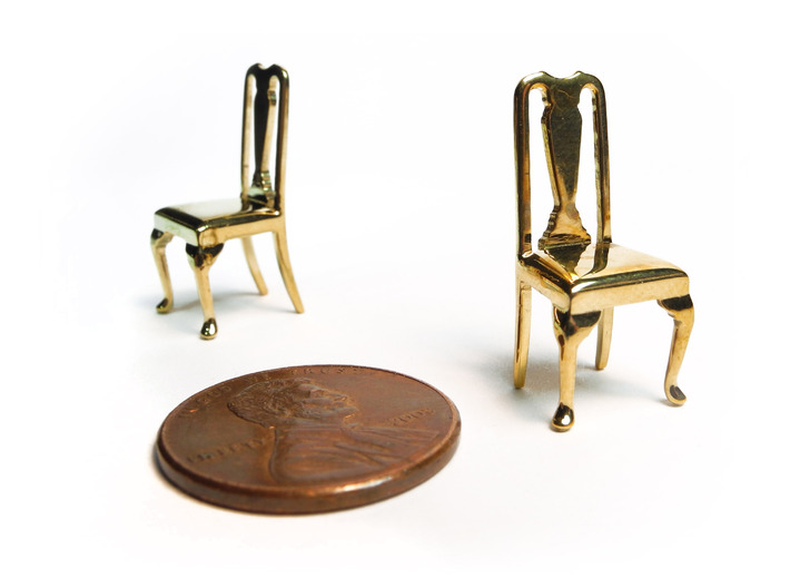 Pair of 1:48 Queen Anne Chairs 3d printed Printed in Polished Brass