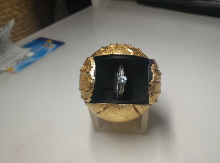 Harry's First Snitch Ring Box-Pt.1-Body-Original 3d printed Black Plastic open with ring- Gold Leaf & weathered