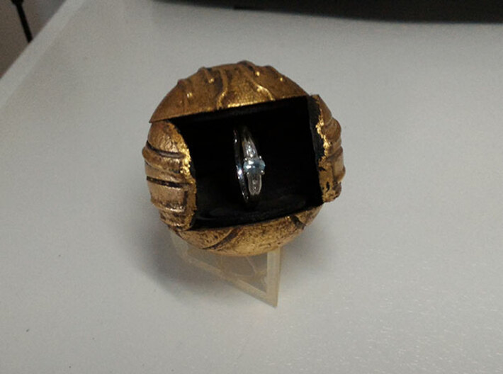 Harry's First Snitch Ring Box-Pt.1-Body-Original 3d printed Black Plastic - open with eing - Gold leaf & Weathered