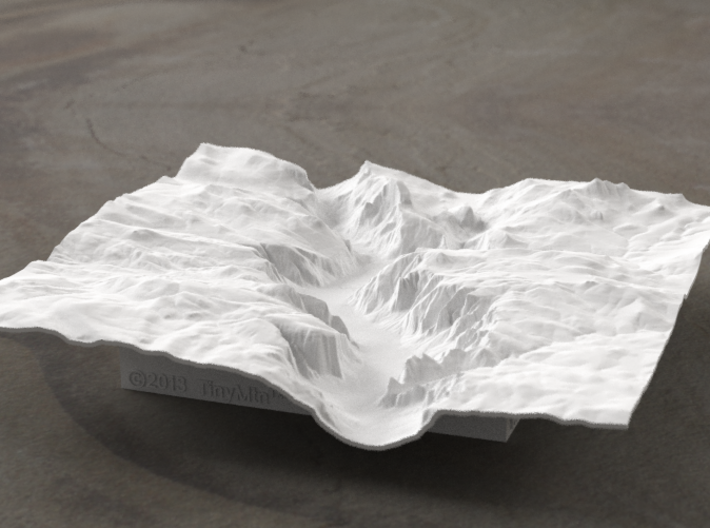 6'' Yosemite Valley Terrain Model, California, USA 3d printed Yosemite valley model rendered in Radiance, viewed from the West, past El Capitan and toward Half Dome.