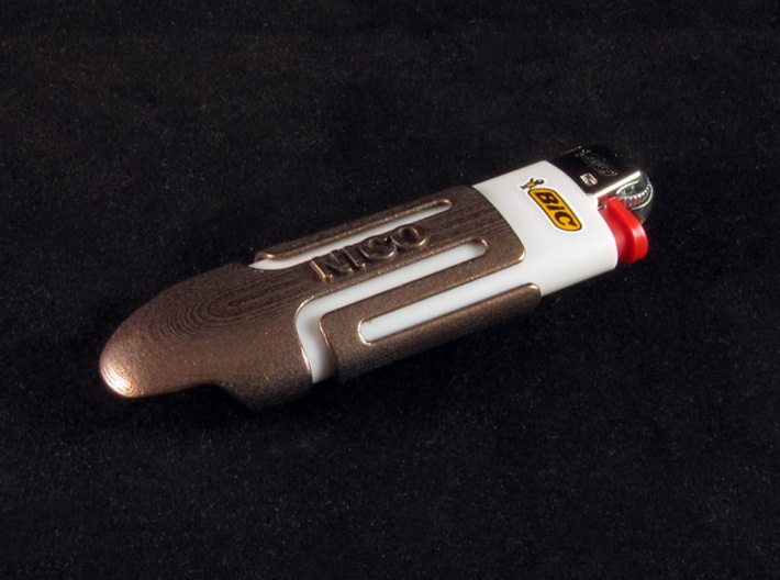 Bic case - Bottle opener - "shark" 3d printed Polished Bronze Steel with example of custom text