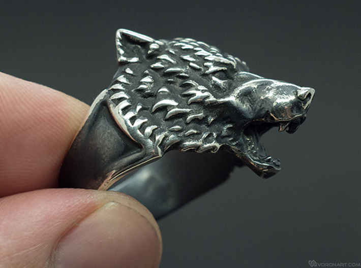 Wolf Head Ring 3d printed Blackened polished silver. You'll get the ring without blackening, but you can do it yourself