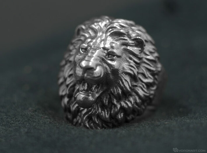Aggressive Lion Ring 3d printed Natural silver, slightly polished by hand using rotary tool