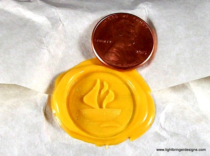 Chalice Wax Seal (Unitarian Universalist) 3d printed Chalice wax seal impression in Sunflower Yellow sealing wax, penny for scale.
