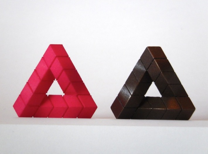 Impossible Triangle, Cubed & Compact 3d printed Hot Pink Strong & Flexible, Matte Bronze Steel