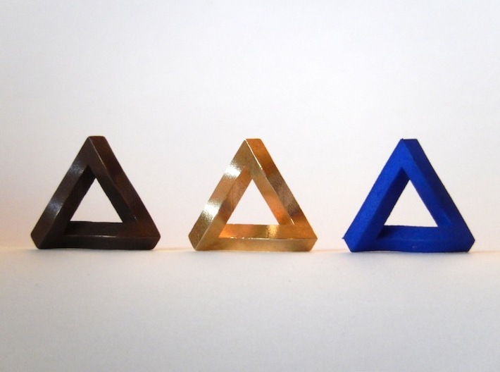 Impossible Triangle, Mini 3d printed Matte Bronze Steel, Raw Brass, and Royal Blue Strong & Flexible