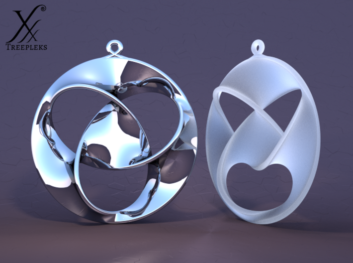 Trefoil earrings 3d printed Premium silver (front, smiling) and frosted detail (quarter view, anger) - Cycle render.